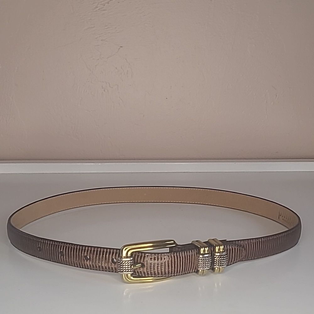 BRIGHTON 4B608 Belt Genuine Leather Lizard Embossed Brown Gold Silver Size M 30"